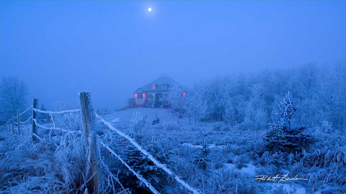 Home in winter with moon by Robert Berdan ©