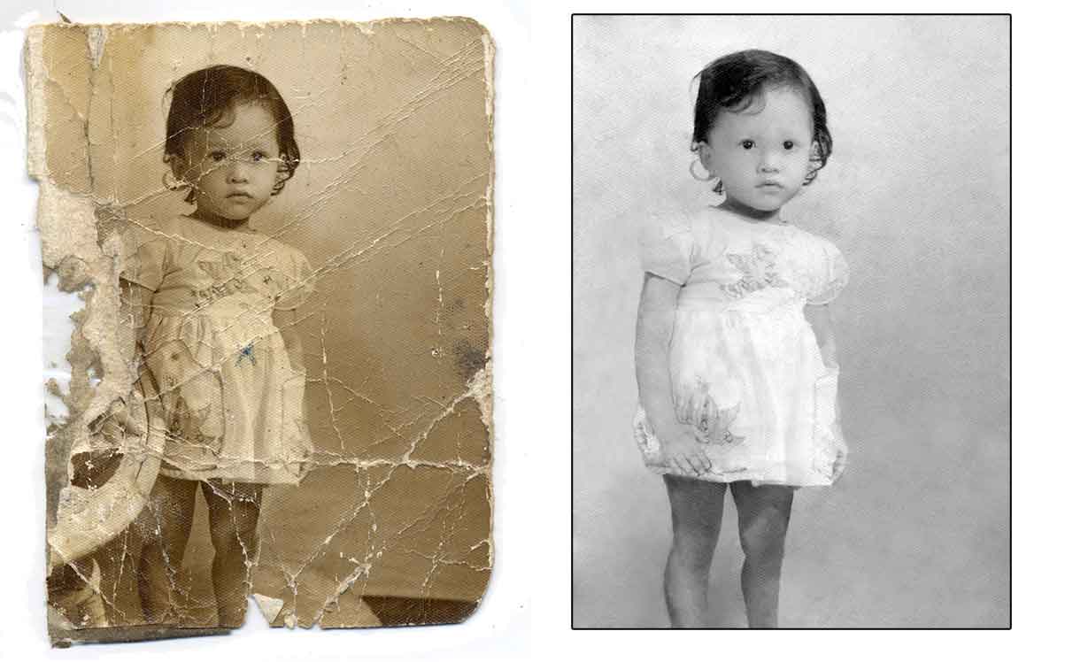 Digitally restored image of little girl with arm missing by Robert Berdan